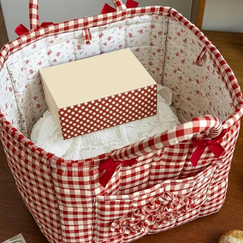 Floral Fabric Storage Basket Car Interior Storage Basket Underwear Sundries Laundry Baskets Supplies Home Organizer Bag (Red plaid) - color: Red plaid