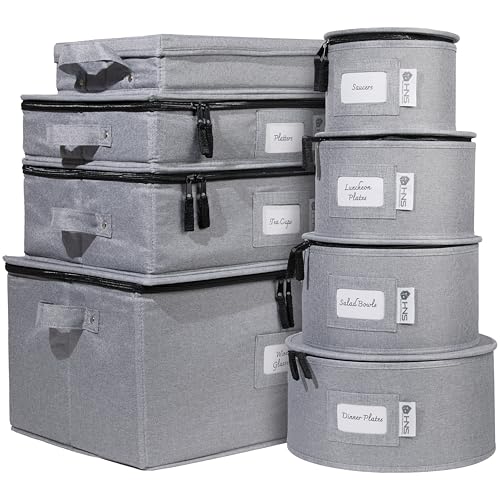 China Storage Hard Shell Containers 8-Piece Set Moving Boxes for Dinnerware, Glasses, Plates, Mugs and Saucers Sturdy Dish Organizer with Dividers for Seasonal Storage - Service for 12 - Gray - color: Gray, size: 8 Pack