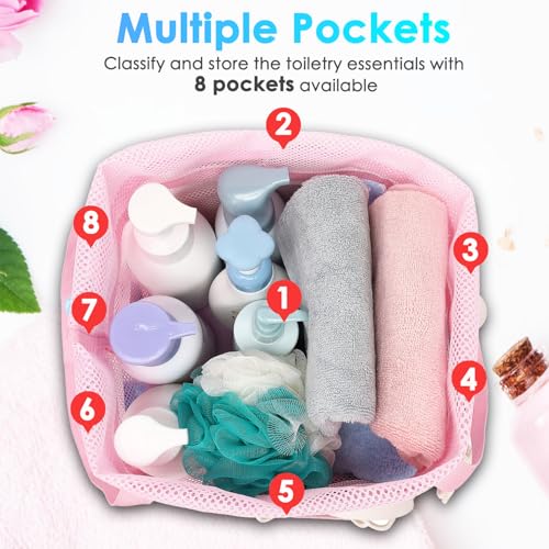 Fammart Mesh Shower Caddy Portable with Drawstring, Dorm Room Essentials for College Girls Guys, 8-Pocket Extra Large Shower Bag Basket Tote for Camping Beach Gym Travel Toiletry Bathroom - color: Extra Large, Drawstring Closure - Pink