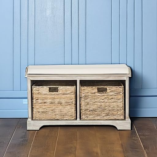 SAFAVIEH Home Collection – Freddy White Wash Storage Bench with Wicker Baskets & Cushion, Entryway Seating Bench, Fully Assembled (AMH5736G) - color: White Washed