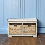 SAFAVIEH Home Collection – Freddy White Wash Storage Bench with Wicker Baskets & Cushion, Entryway Seating Bench, Fully Assembled (AMH5736G) - color: White Washed
