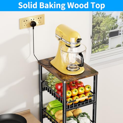 Fruit Vegetable Storage Basket for Kitchen, 5 Tier Large Pull-Out Metal Wire Baskets with 4 Pack Mats Bottom, Wood Top and Wheels, Vegetable Produce Bins Stand Cart Rack for Onions and Potatoes - color: 5 Tier-black With Four Mats and Wood Top