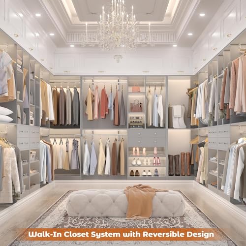 Closet System (Set of 3) with 4 Drawers, 8 Hanging Robs, 91.5"/151" Closet Organizer System with Corner Tower, Reversible Walk-in Closet System Corner Closet System, Morandi Grey - color: Morandi Grey, size: 90.5" * 90.5"