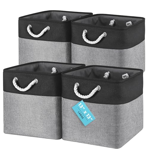 OrganiHaus 13x13 Cube Storage Bins 4 Pack, Foldable Cube Storage Organizer w/ Rope Handles, Collapsible Fabric Bins for Toys, Clothes & Closet Organization, Fabric Square Baskets - Gray/Black - color: Gray Base / Black, size: 4 pcs (13x13)