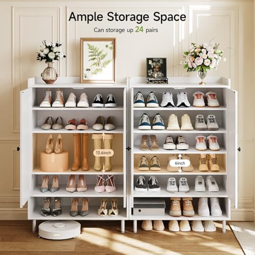 ComfyCorner White 7+1 Tier Farmhouse Shoe Storage Cabinet - 45" Tall Entryway Organizer with Cross Molding Doors, 3 Adjustable Shelves & Metal Legs, Shoe Rack for Front Door Entrance - color: White