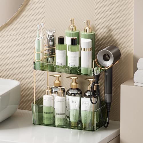 Bathroom Counter Organizer for Vanity, Makeup Organizer Countertop with Holder, Large Capacity Storage Rack, Perfect Large Skincare, Hair Care, Perfume, Easy to Install (Green, 2Tiers) - color: Green, size: 2 Tiers