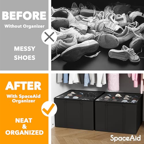 SpaceAid Shoe Organizer for Closet, 2 Pack Foldable Shoe Storage Containers Baskets Boxes Bins w/Adjustable Dividers, Fits 16-32 Pairs, Black - color: Black