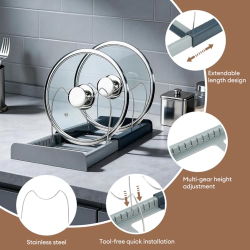 Pot and Pan Organizer Rack for Cabinet - Expandable 12" to 22" Kitchen Cabinet Organizer with 7 Dividers, Heavy-Duty ABS Base for Lids, Cutting Boards, Bakeware, Cookware Storage, Grey - color: Deep Grey + Light Grey