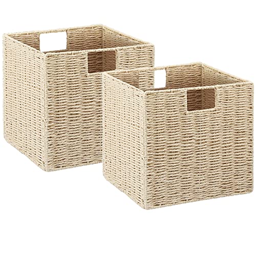 Vagusicc Wicker Storage Basket, Set of 2 Hand-Woven Storage Baskets for Shelves with Handles, Foldable Cube Storage Baskets Bins Organizer, 9 inch Wicker Baskets for Pantry Bedroom Decor, Beige - color: Beige, size: 9'' x 9'' x 9''