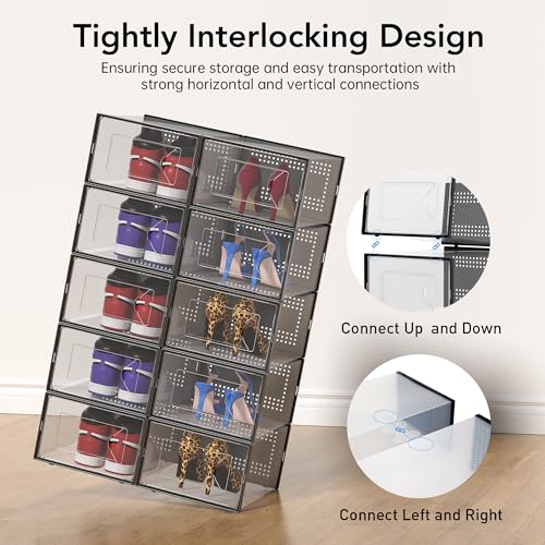 Foluck X-Large Shoe Storage Box, 15 Pack Clear Plastic Stackable Shoe Organizer for Closet, Interlocking Design Shoe Container Bins for Sneakers, Foldable Shoe Rack with Lids, Black - color: Black