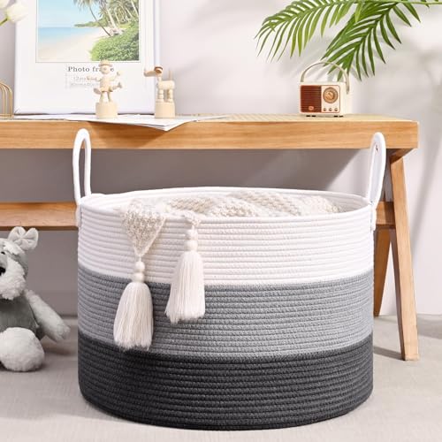 Extra Large Toy Basket, 20"x13" Kids Toy Storage for Playroom Classroom Nursery, Woven Rope Blanket Basket with Handles, Stuffed Animal Organizer & Dog Toys Basket, Dark Gray - color: Dark Gray - Wide