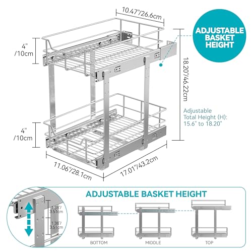 2 Tier Pull Out Cabinet Organizer 11" W X 17" D, Slide Out Drawers for Kitchen Cabinets, Pull Out Drawers for Cabinets Capacity Heavy Duty Caddy, Cabinet Pullout Shelves Chrome-Plated,Bathroom Pantry - color: 2 Tier - Chrome-Plated, size: 11" W X 17" D