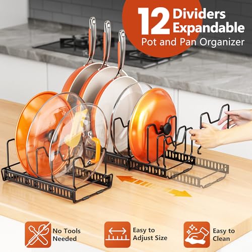 3-Pack Pots and Pans Organizer for Under Cabinet, 2Tier 12 Dividers 3 DIY Method Expandable Easy Install, Kitchen Pot Pan Lid Rack Storage Holder Organizers Inside Cabinet, Bright Black - color: Bright Black