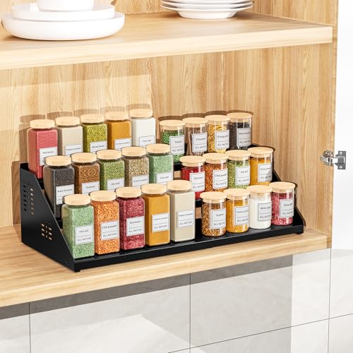 BOIVSHI Spice Organizer, Spice Rack for Expandable 3-Tier, Spice Organization for Cabinet Expandable Width and Adjustable Height, Seasoning Organizer for Cabinet, Countertop, Pantry, Black - color: Black