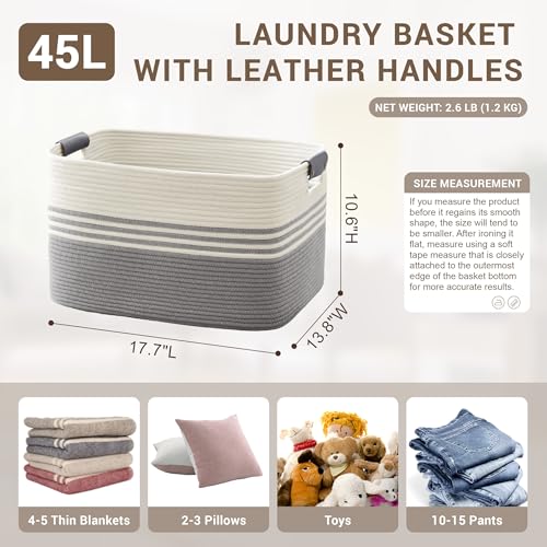 45L Small Laundry Basket with Leather Handles for Living Room Storage, Woven Rope Baskets Bin for Blanket, Kids Toy, Gifts, Wicker Hamper for Bedroom Dirty Clothes, 18"x14"x11" White Grey - color: Grey, size: 45L