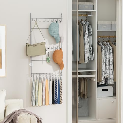HapiRm Over Door Hat Rack - 3 Tier Wall Mounted Hat Organizer with 16 Hooks and 10 Movable Clips, Cap Hanger Storage up to 26 Caps for Door, Bedroom, Closet USPTO Patent Pending（Silver） - color: Silver, size: 3 Tier