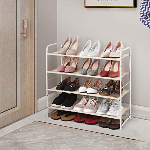 Simple Trending 4 Tier Stackable Shoe Rack, Expandable & Adjustable Fabric Shoe Shelf Storage Organizer, White - color: White, size: 4 Tiers, White