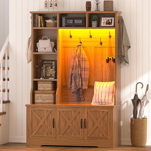 CSZZD Hall Tree with Bench and Shoe Storage, Farmhouse Entryway Bench with Coat Racks and Led Lights, Tall Hall Tree with 7 Coat Hooks, 6 Storage Cubbies, Adjustable Shelf - color: Caramel Oak, size: 39.4"
