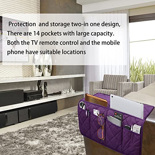 Armchair Caddy, Sofa Armrest Organizer with 14 Pockets, Waterproof Non Slip Recliner Remote Control Holder, Couch Chair Arm Storage for TV Remotes, Phone, iPad, Magazine, Books - color: Purple