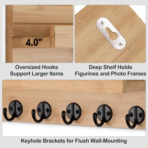 Lwenki Key Holder Wall Mount, Entryway Key and Mail Holder with 7 Sturdy Hooks for Sunglasses, Dog Leash, Decorative Wall Shelf with Mounting Hardware, 15”W x 6.7”H x 4.2”D - color: Bamboo