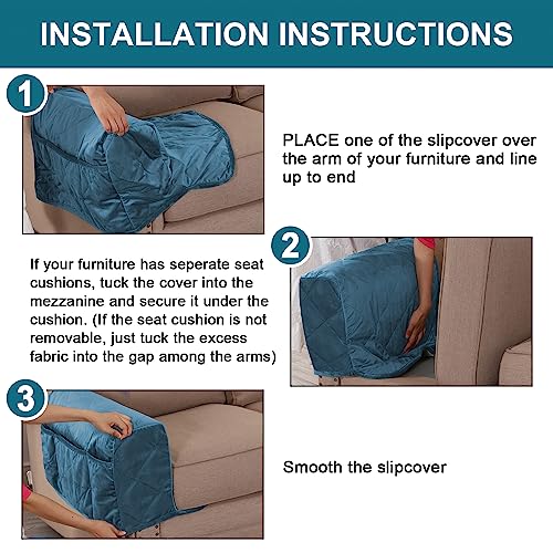 Velvet Quilted Armrest Covers - Water-Resistant Sofa Arm Protectors Set of 2 with Side Pocket Organizer, Non-Slip Furniture Covers for Chairs & Couches (Peacock Blue) - color: Peacock Blue