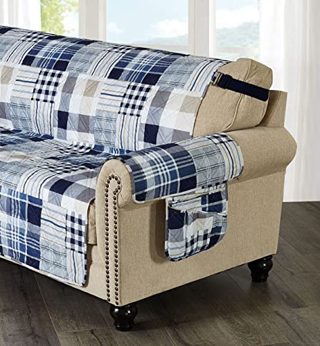 Brilliant Sunshine Multi Blue Plaids and Stripes Patchwork Sofa Armrest 5 Pockets Organizer, Slip Resistant Armchair Caddy, Washable Remote Controls Holder, Storage for Magazine, Tablet, 35×13", Blue - color: Multi Blue