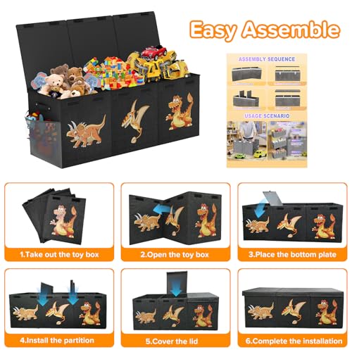 Extra Large Toy Box Chest, Collapsible Sturdy Toy Storage Organizer Boxes Bins Baskets Dinosaur Kids Toy Chest Bin with Lids for Boys Girls Living Room Playroom Bedroom Nursery 41"x14"x16" Black - color: Black－3