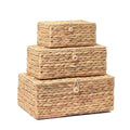LUSYDECO Set of 3 Wicker Storage Baskets with Lid, Large Rectangular Rattan Basket Decorative Boxes, Natural Water Hyacinth Wicker Basket for Shelf Organizer, Nursery Room