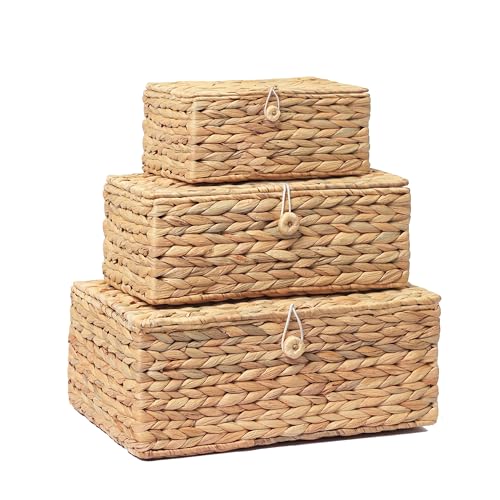LUSYDECO Set of 3 Wicker Storage Baskets with Lid, Large Rectangular Rattan Basket Decorative Boxes, Natural Water Hyacinth Wicker Basket for Shelf Organizer, Nursery Room