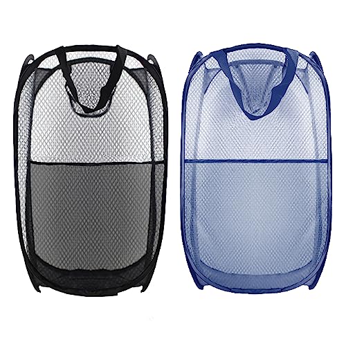 Collapsible Pop Up Laundry Hamper, Extra Large Mesh Foldable Laundry Basket Bag, 28" x 16" x 16", 2 Pack (Black + Blue) - color: 2P Black+Blue