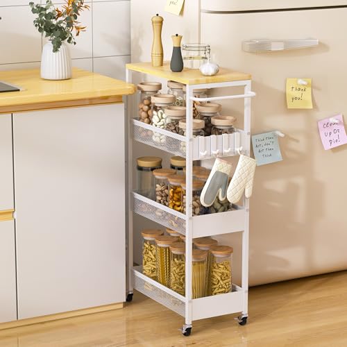 Vincona Slim Rolling Utility Cart, 4 Tier Metal Narrow Storage Cart with Handle and Wood Top, Multifunctional Small Mobile Shelf Unit Organizer Trolley for Laundry, Bathroom, Kitchen - color: White, size: 9.1" wide