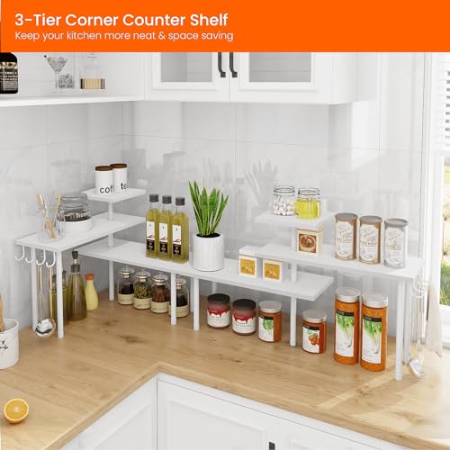 Homode Kitchen Countertop Organizer Corner Shelf, Bathroom Counter Organizers and Storage, 3 Tier Wood Shelf Organizer Space Saver for Make Up, Dresser Table, Desktop, White - color: White, With Hooks