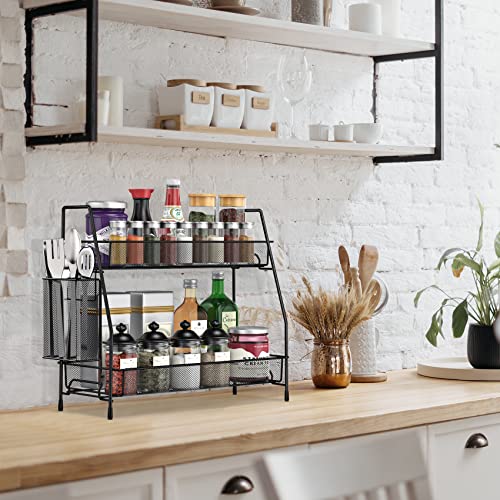 SPISPI Bathroom Organizer Countertop, Spice Rack Organizer for Cabinet,Bathroom Counter Organizer, Kitchen Countertop Organizer - color: Black with Basket, size: 14.17 x 12.72 x 5.55 inches