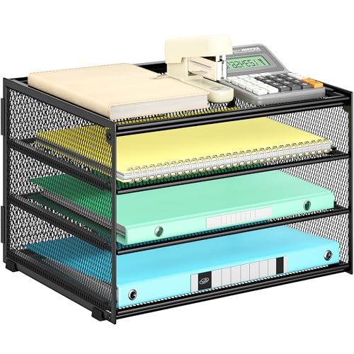 Lavatino 3-Tier Letter Tray Desk Paper Organizer – Black Mesh Metal File Tray Organizer for Desk, Office Supplies & Home Organization | Fits A4/Letter Paper, Mail, Magazines and Office Accessories - color: 4-tier No Handle - Black
