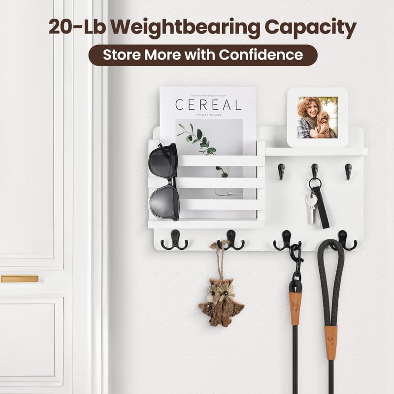 Nekon Mail Holder for Wall Mail Organizer with Key Hooks Hallway Farmhouse Decor Storage Racks with Floating Shelf and Flush Mount Hardware (16.8Inch x 10Inch x 3.2Inch) - color: White