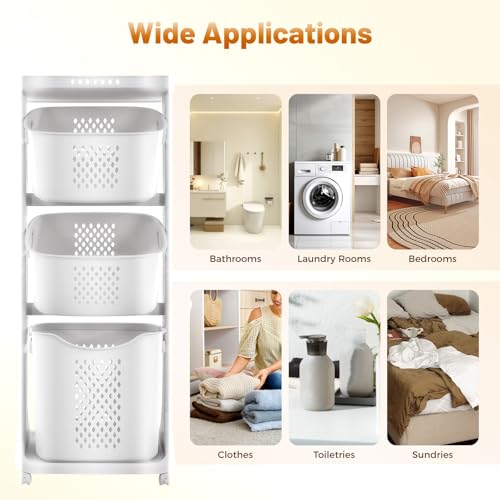 3 Tier Rolling Laundry Basket Vertical laundry hamper Sorter Cart with Wheels and Breaks Bathrooms Clothes Hamper 3 Section laundry organizer for Kitchens, Bedrooms, Laundry Rooms