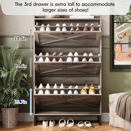 Maupvit Shoe Storage Cabinet with 3 Flip Drawers, Freestanding Organizer with Metal Legs for Entryway, Narrow Shoe Rack Cabinet, Washed Gray - color: Washed Gray, style: 3-Drawers