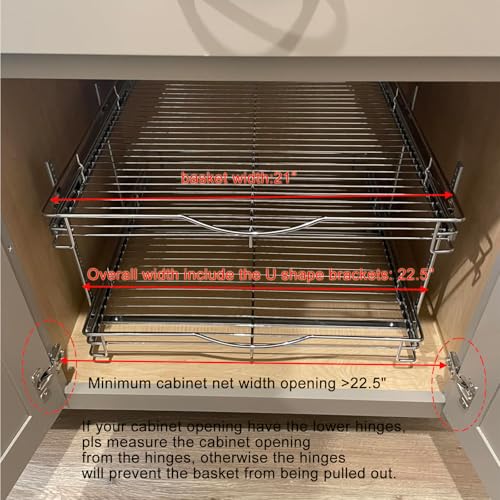 DINDON Pull Out Cabinet Organizer (22-1/2" W x 21-1/2"D), Cabinet Pull Out Shelves, 2 Tier Pull Out Drawers for Kitchen Cabinets, Wire Basket Slide Out Shelf, Pot and Pan Organizer - size: 22-1/2“ W X 21-1/2"D