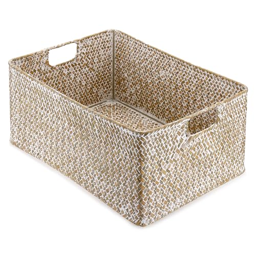 Hipiwe Seagrass Storage Basket Bin Rectangular Handwoven Wicker Storage Box with Handle Opened Baskets Box for Shelf Organizing Closet Bathroom, 15.7" L x 11.8" W x 7.5" H - color: Whitewash, size: X-Large,16.1"x11.8"x7.7"