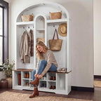 DWVO 59" W Hall Tree with Shoe Storage, Arched Entryway Bench with Coat Rack, 10 Shoe Cubbies Shelves & 10 Coat Hooks, Shoe Storage Bench for Entryway Hallway,White