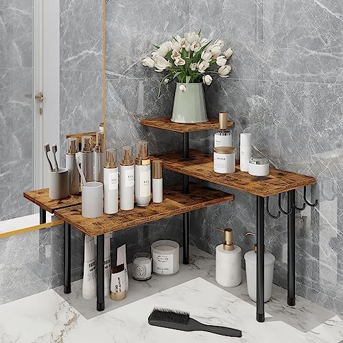 Homode Kitchen Countertop Organizer - 3 Tier Corner Shelf, Bathroom Counter Organizer, Spice Rack, Coffee Bar, Over Sink, Rustic Brown - color: Rustic Brown, With Hooks