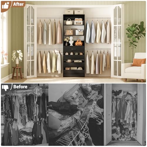 Aheaplus Closet System, 4-9Ft Closet Organizer with 4 Wooden Drawers, Wood Closet Organizer System with Tower, Walk-in Closet Organizer Wardrobe Clothes Rack with 4 Hanging Rods, Garment Rack, Black - color: Black