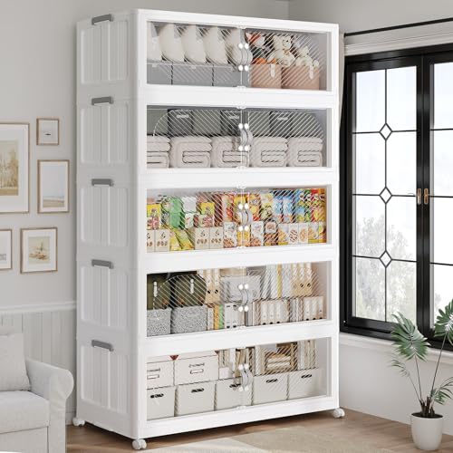 150GAL Plastic Storage Bins with Lid, 600QT Extra Large Stackable Closet Organizers and Storage, Collapsible Storage Boxes with Wheels, Folding Cabinet for Home Kitchen Office, 5Pack White - color: 30Gal-White, style: 5Pack