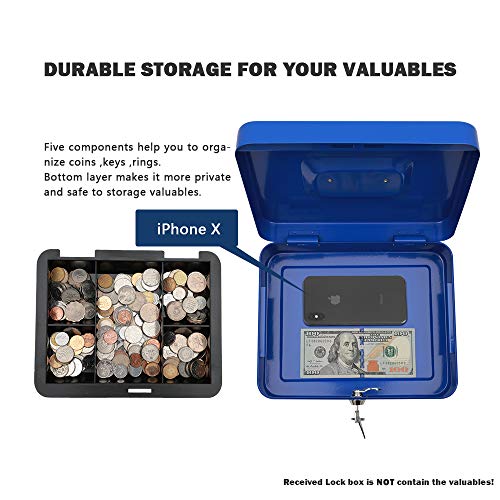 KYODOLED Large Lock Box with Money Tray,Storage Cash Box with Lock,Safe Metal Box for Money,9.84"x 7.87"x 3.54" Blue Large - color: Blue, size: Large