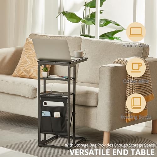 C Shaped End Table with Charging Station, 28"(H) 3-Tier C Table with Storage Bag, Under Couch Table C-Shaped End Table with Storage Shelves and Bag for Living Room, Bedroom, or Office - color: Black, size: Wood--with Socket