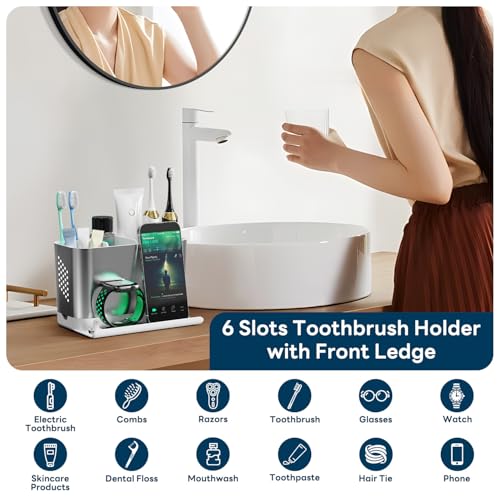 Bathroom Countertop Organizer with Front Ledge for Phone, Detachable Kids Toothbrush Holders with Cord Slots and Ring Holder, 6 Slots Toothbrush Toothpaste Holder with Drainage for Family - color: Silver