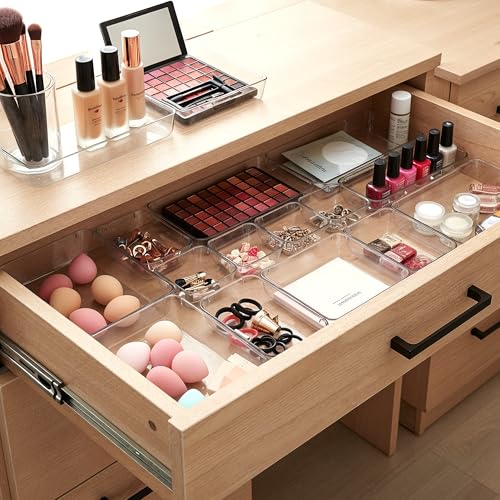 Masirs Clear Drawer Organizers Set 25 PCS – Plastic Storage Bins for Desk, Kitchen, Bathroom, Vanity – Modular, Stackable, Non-Slip Drawer Organizer Trays for Makeup, Utensils, Office Supplies - size: 25-Piece Set