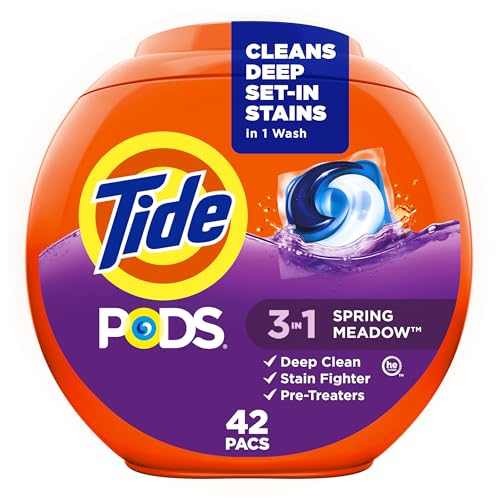 Tide PODS laundry detergent pacs, 3-in-1 Stain Remover, Odor Fighter, Color Protector, 42 Count, HE compatible, Spring Meadow Scent - size: 42 Count (Pack of 1)