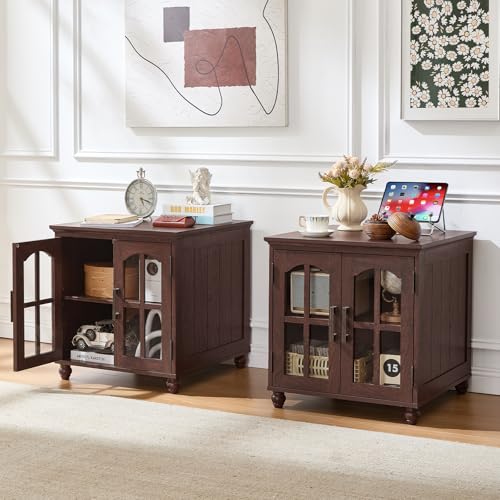 RWYHG Farmhouse 24" End Table Set of 2 with Charging Station, Large Sofa Side Table with Glass Barn Door,Wood Night Stand with Adjustable Storage Shelf,Square Bedside Table for Living Room,Bedroom - color: Retro Walnut, size: Set 2