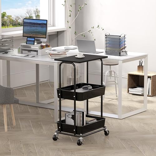Simple Houseware 2-Tier Rolling Utility Cart with Lockable Wheels and Wood Top, Metal Storage Organizer Trolley for Kitchen, Bathroom, Office, Craft Room, Black - color: Black
